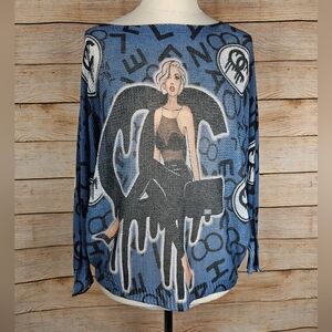 Free For Humanity Italy Designer Print Oversized Relaxed Fit Open Knit Sweater